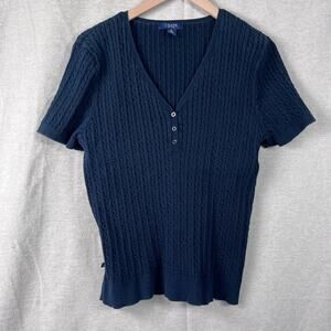 Chaps Womens Y2K Cable Knit Short Sleeve Sweater Size XL Henley Preppy Old Money